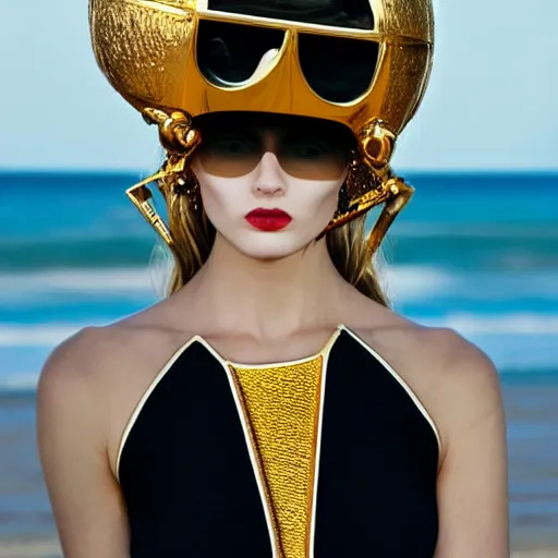 Prompt: close up of a female fashion model in year 3000 at beach, model wearing a huge surreal Avant-garde helmet in gold, photography , official Versace editorial , highly detailed