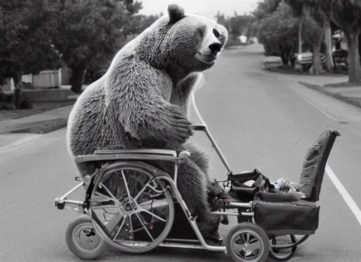 Prompt: film still of a bear covered in spaghetti noodles riding a rascal motor chair in compton ca, 8 k