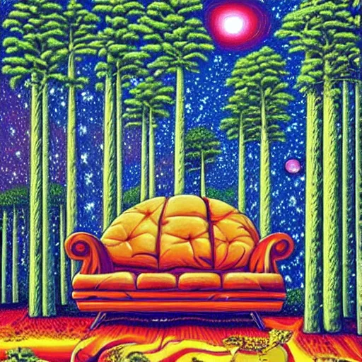 Prompt: psychedelic trippy couch pine forest, planets, milky way, sofa, cartoon by rob gonsalves spruce s - 4 2