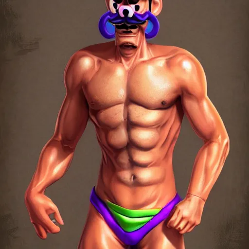 Image similar to highly detailed full body portrait of Waluigi wearing a mankini, digital art, concept art, character art, cinematic lightning, bright colors, intricate, masterpiece, photorealistic, hiperrealistic, sharp focus, high contrast, Artstation HQ, DeviantArt trending, 4k UHD, Unreal Engine 5