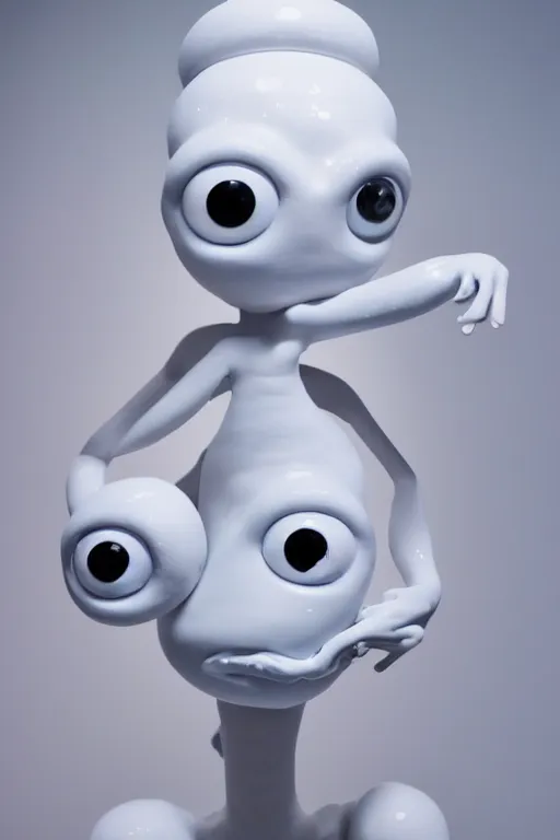 Prompt: full head and shoulders, beautiful porcelain female person, mixed with three giant frog spawn eyes, smooth, delicate facial features, white detailed eyes, white lashes, 3 d white shiny thick, larg tentacles and eyeballs, background is an empty art gallery, by daniel arsham and james jean, featured in pictoplasma