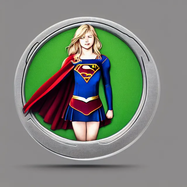 Image similar to cute coin with supergirl on it by charlie bowater and anna dittmann and artgerm and clemens ascher, portrait, intricate, elegant, green mist, product shot, macro, symmetrical face, highly detailed, dramatic lighting, sharp focus, octane render, trending on artstation, artstationhd, artstationhq, unreal engine, 4 k, 8 k