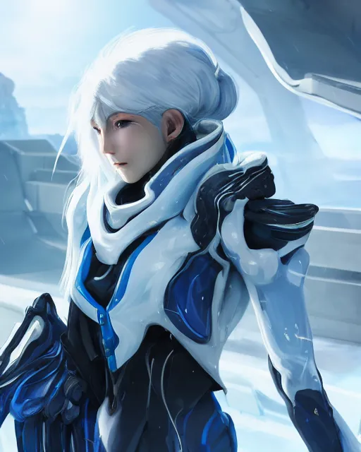 Image similar to perfect white haired girl, warframe armor, beautiful, dreamy, half asian, pretty face, blue eyes, detailed, windy weather, futuristic background, glow, scifi platform, laboratory, experiment, 4 k, ultra realistic, epic lighting, cinematic, high detail, masterpiece, akihito tsukushi