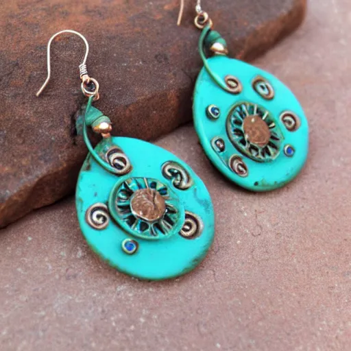 Image similar to Steampunk turquoise earring design, Polymer clay earrings, product photography, studio photo