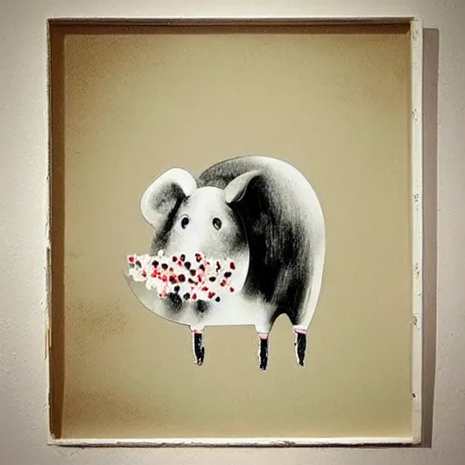 Image similar to “a portrait in an art student’s apartment, a feminine pig in a rotenburo, hakone, pork, ikebana white flowers, white wax, squashed berries, acrylic and spray paint and oilstick on canvas, by munch and Dali”