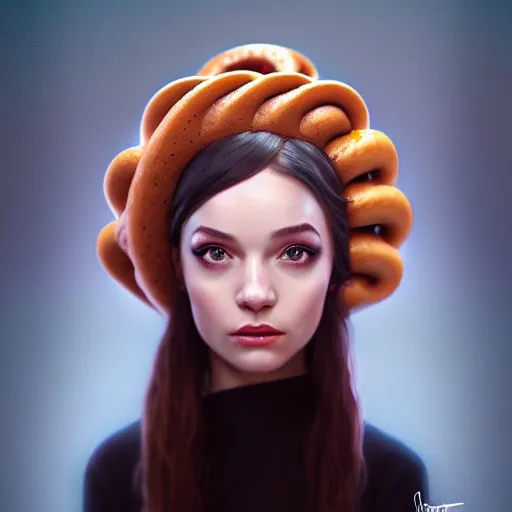 Prompt: portrait of a girl with a bundt cake on her head, digital art, cinematic, concept art, 8k, painting, imaginefx, cgsociety, trending on artstation