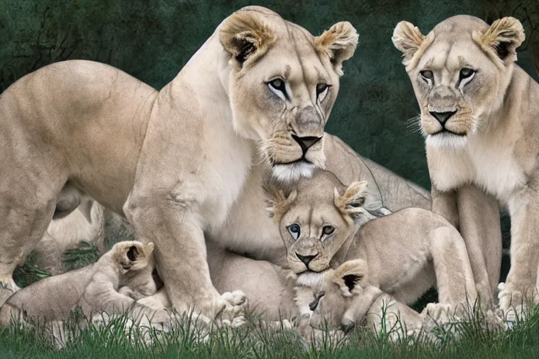 Prompt: beautiful aesthetic digital illustration of a pale blue lioness with a litter of pastel cubs