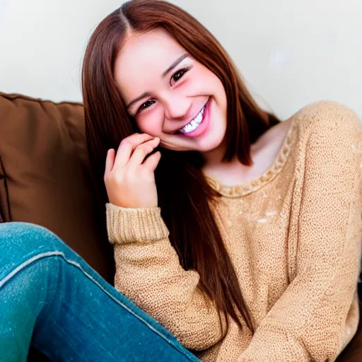 Image similar to a cute young woman smiling, long shiny bronze brown hair, full round face, green eyes, medium skin tone, light cute freckles, smiling softly, wearing casual clothing, relaxing on a modern couch, interior lighting, cozy living room background, medium shot, mid-shot, soft focus