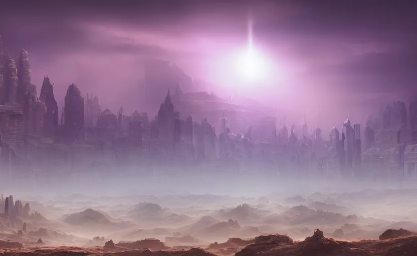 Image similar to matte painting of a desert landscape, science fiction art, city in the skyline, two suns, gloomy, fog, elaborate, detailed digital art, trending in artstation, purple color lighting