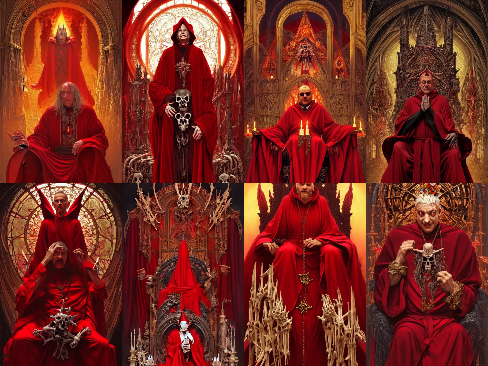 Prompt: a satanic high - priest in a red robe sitting on a throne made of bones, people worshipping in his feet, fantasy, intricate, elegant, highly detailed, digital painting, artstation, concept art, matte, sharp focus, illustration, art by artgerm and greg rutkowski and alphonse mucha