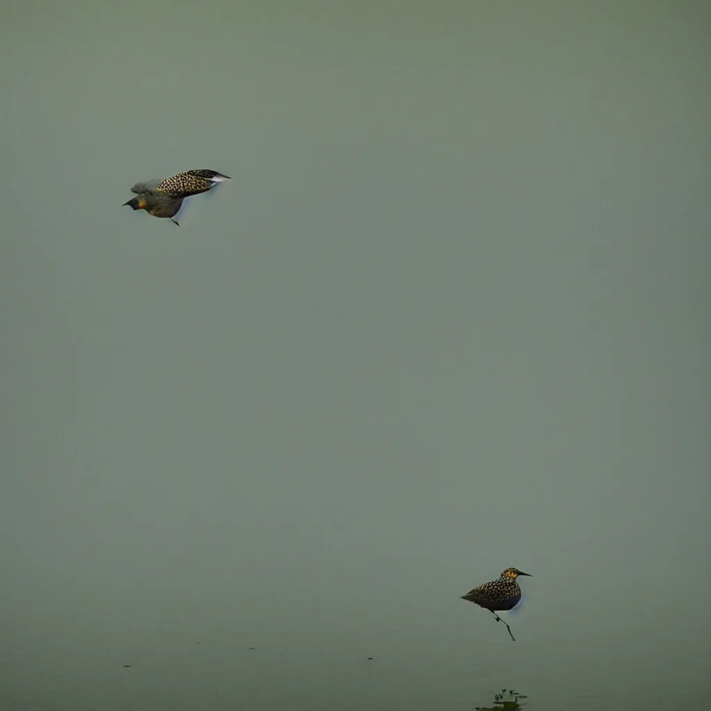 Image similar to starling murmur over a still lake on a foggy morning, light rays, bokeh, beautiful professional photography, 35mm film