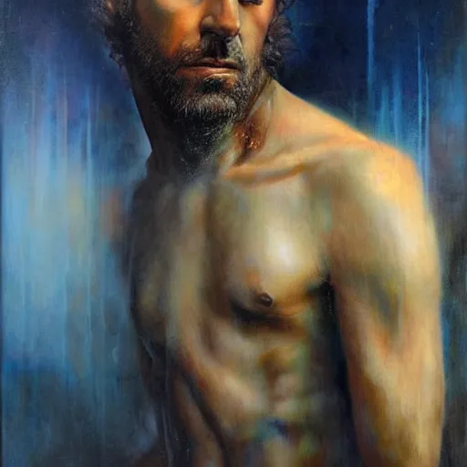 Image similar to a rugged man standing, ethereal, painting by karol bak