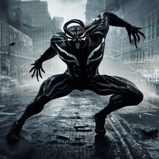 Image similar to full body pose, hyperrealistic photograph of venom, dim volumetric lighting, 8 k, octane beautifully detailed render, extremely hyper detailed, intricate, epic composition, cinematic lighting, masterpiece, trending on artstation, very very detailed, stunning, hdr, smooth, sharp focus, high resolution, award, winning photo, dslr, 5 0 mm