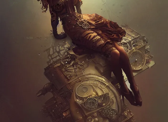 Prompt: woman model, steampunk!!! and modern, swimming, top view, rgb, backlit, elegant, highly detailed, digital painting, artstation, concept art, smooth, sharp focus, illustration, art by krenz cushart and artem demura and alphonse mucha