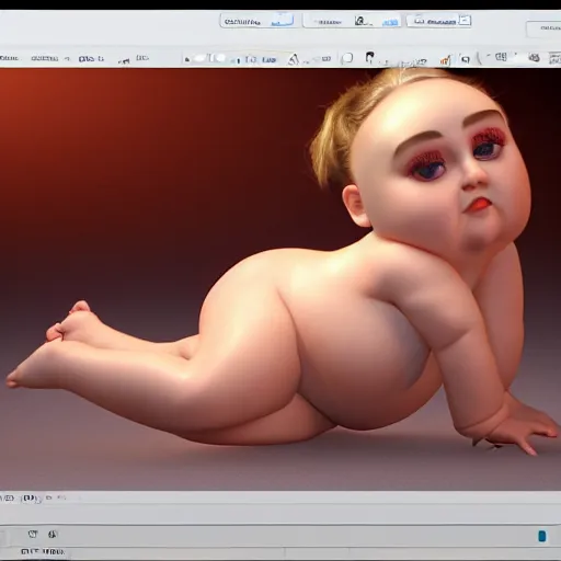 Image similar to the little fat girl is modelling to the camera. wire frame on mesh. 3 d model. 3 d scene. beautiful hands and legs. subsurface scattering shiny skin. beautiful lighting, 4 k post - processing, trending in art station, cg society, highly detailed, 5 k extremely detailed, 3 d. cinematic scene. sharp image