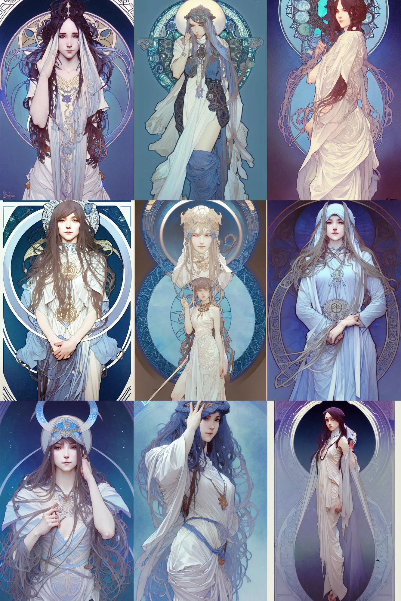 Prompt: priestess of the moon, pale blue color scheme, intricate illustration by krenz cushart, alphonse mucha, artgerm, trending on artstation