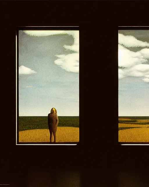 Image similar to two, in the void, by the mirror, station, alex colville, otto mueller, stephen conroy, sandro botticelli, andrew newell wyeth, daniel maidman octane rendering