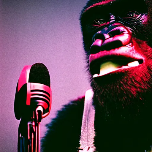 Image similar to photo of gorilla holding microphone on stage, rap concert, kodak portra 4 0 0 color negative film