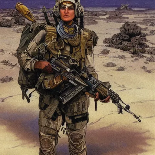 Prompt: Maria. USN special forces recon operator in near future gear, cybernetic enhancement, on patrol in the Australian neutral zone, Barren landscape. 2087. Concept art by James Gurney and Alphonso Mucha