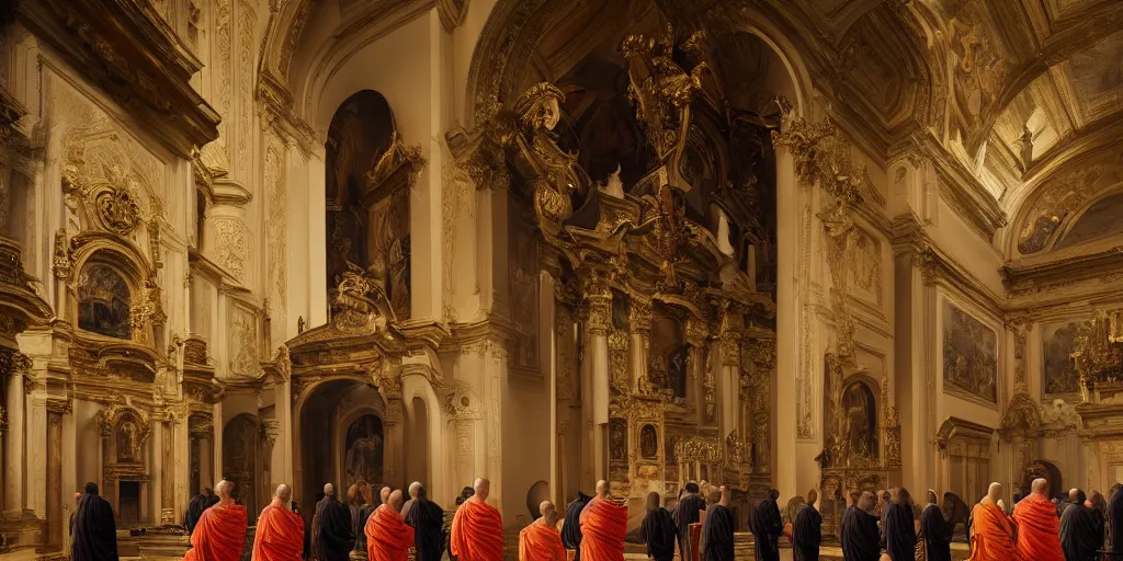 Image similar to beautiful oil matte portrait painting, monks holding a church ceremony inside a baroque cathedral, wonderful masterpiece highly detailed, beautiful cinematic light deep focus, elegant, digital painting, smooth, sharp focus, golden ratio, dramatic illumination, ultra realistic, 8 k, art by giovanni bellini and caravaggio