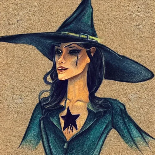 Image similar to beautiful cowboy witch, wild west, minimalist, concept art, colored pencil drawing, trending on artstation