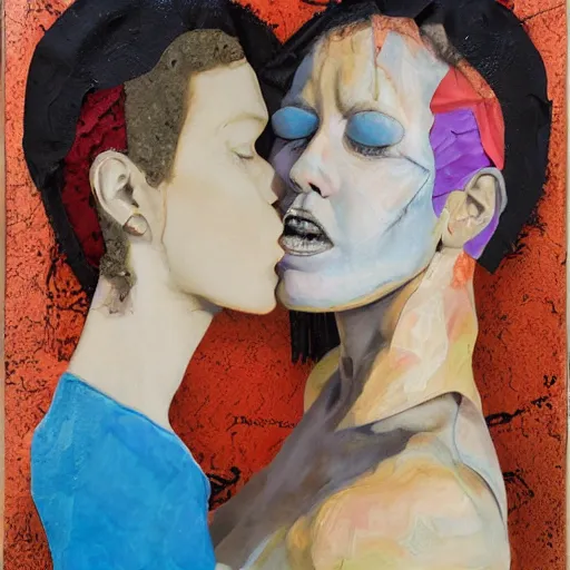 Prompt: mixed media collage of two women kissing, highly detailed, oil paint and canvas texture, punk expressionism