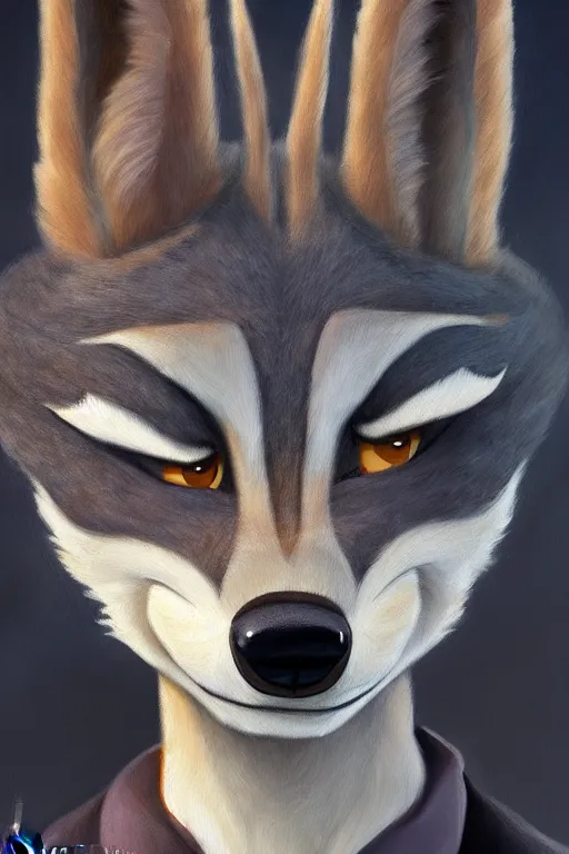 Image similar to oil painting of anthromorphic female wolf, in style of zootopia, female fursona, furry, furaffinity, 4 k, deviantart, furry art, fursona art, wearing black business suit, business suit, wolf fursona, female, smug expression,