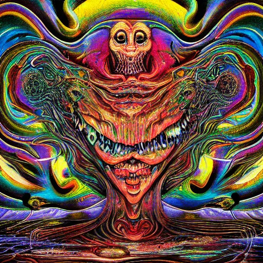 Image similar to a fine hyper - detailed painting of complex conceptual moments in chaotic dreams with deformed beings that appear and disappear, cosmic horror psychedelic weird bizarre art