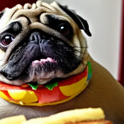 Prompt: fat pug inside a hamburger