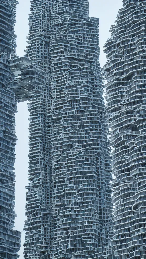 Prompt: ultrarealistic photo of a futuristic building in a urban setting. the building has many deep and tall balconies. in the background are many thin random columns and large windows. fabric hangs from each balcony. large greeble articulated details. sharp focus. 8 k