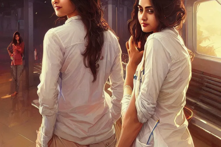 Image similar to Optimistic good looking pale young Indian doctors wearing jeans at the airport, portrait, elegant, intricate, digital painting, artstation, concept art, smooth, sharp focus, illustration, art by artgerm and greg rutkowski and alphonse mucha