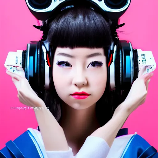 Image similar to photorealistic portrait of cute cyber punk geisha girl from Japan. she is wearing heavy complicated future headsets. award winning, taken by canon 5d mk4, art lens, perfect lighting, sci-fi, at 2200