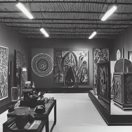 Prompt: A black and white screen print of gallery exhibition view from the 60s, anthropology, colonial, wild, exotic, artifacts, pedestal, ethnography, screen printing