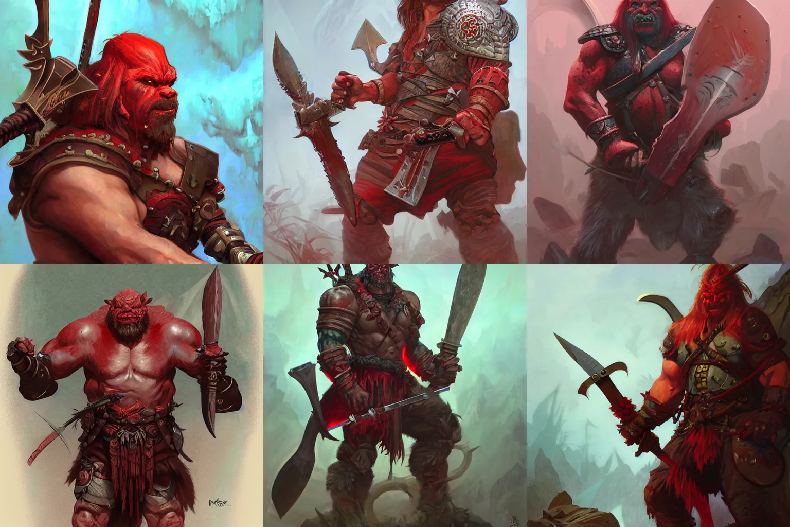 Prompt: Red orcish warrior with Axe, symmetrical, D&D character art, portrait, digital painting, mogul khan, Peter Mohrbacher, Alphonse Mucha, Brian Froud, Yoshitaka Amano, Kim Keever, Victo Ngai, James Jean