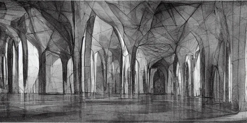 Image similar to sketch by da vinci and Zaha Hadid for mosque in old paper