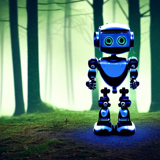 Image similar to a cute little robot in a wood. super realistic 8 k render of a dark hooded powerful elegant, cinematic composition