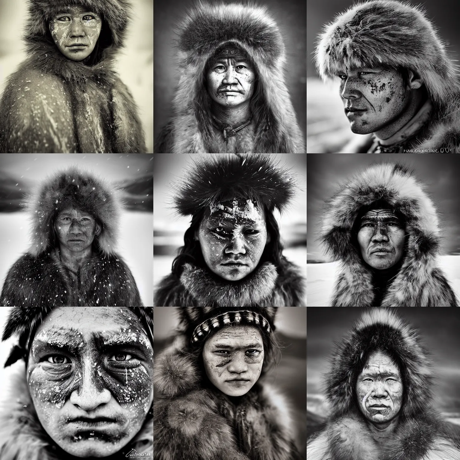 Prompt: Award Winning reportage Full-face Portrait of a Early-medieval weathered native Inuits in the snow with incredible hair and beautiful eyes wearing animal furs and traditional garb by Lee Jeffries, 85mm ND 4, perfect lighting, gelatin silver process