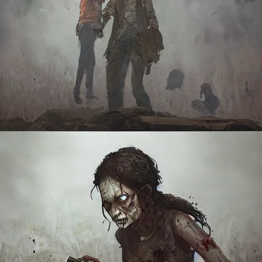 Image similar to clementine from the waking dead the last season been eaten by a couple of zombie by greg rutkowski