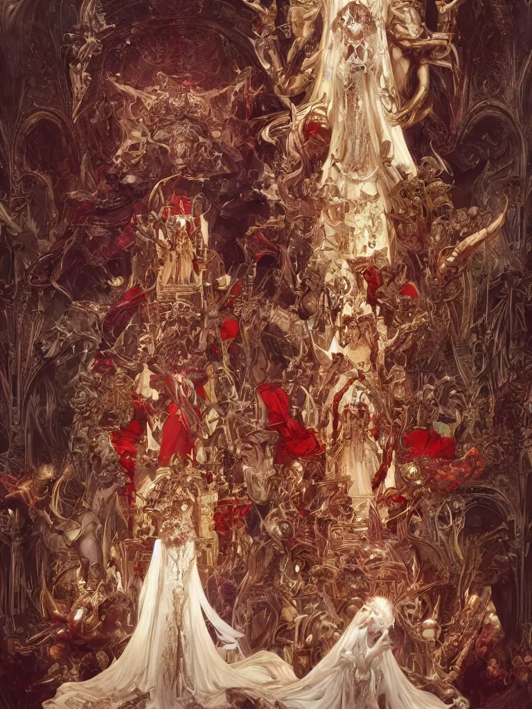 Image similar to a huge ivory throne with abominations kneeling in front of it, red tones, highly coherent, ultra realistic, concept art, intricate details, eerie, highly detailed, photorealistic, octane render, 8 k, unreal engine. art by artgerm and greg rutkowski and alphonse mucha