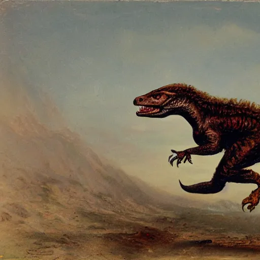 Image similar to jules vern riding a velociraptor