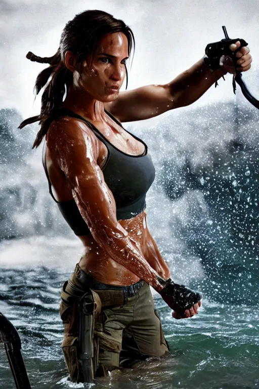 Image similar to a film still of lara croft, close up, muscular, drenched body, wet dripping hair, emerging from the water, fractal crystal