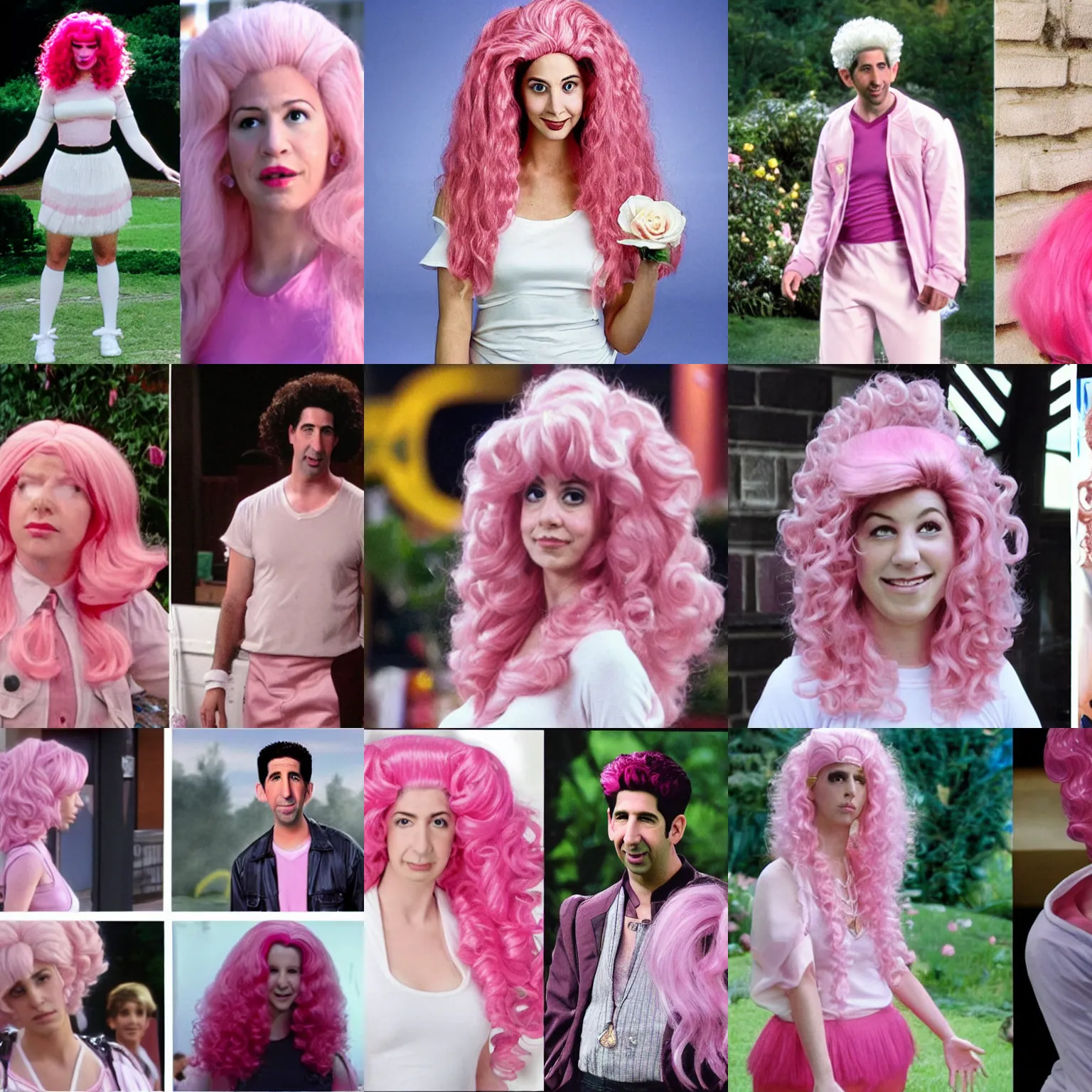 Prompt: Ross geller from friends cosplaying rose Quartz from Steven universe, wearing a gigantic curly pink wig and a white dress, Ross geller as played by David schwimmer —width 270 —height 480 —n 4 —cfg 5 —steps 50