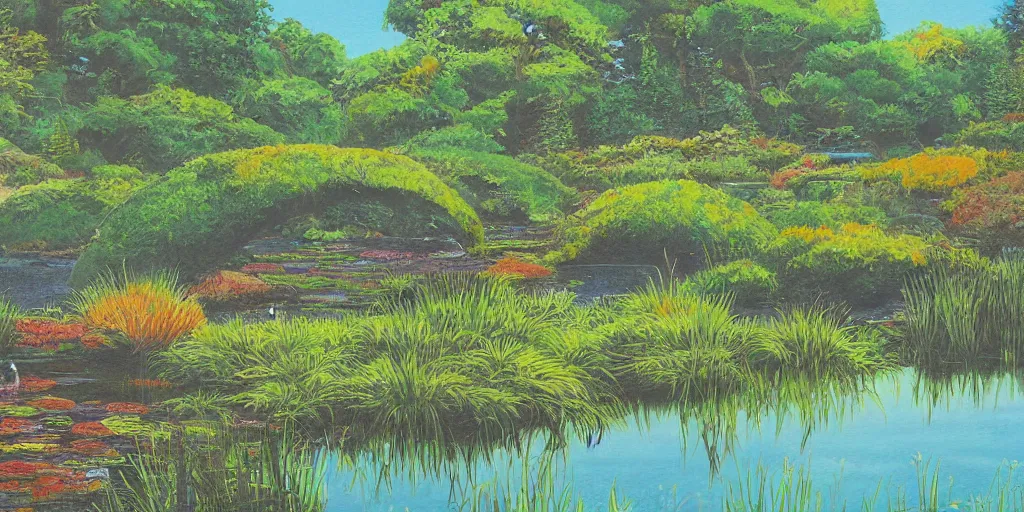 Image similar to pond landscape, by cosmo mulford, intricate, sharp focus, detailed, lively colors, studio ghibli color scheme