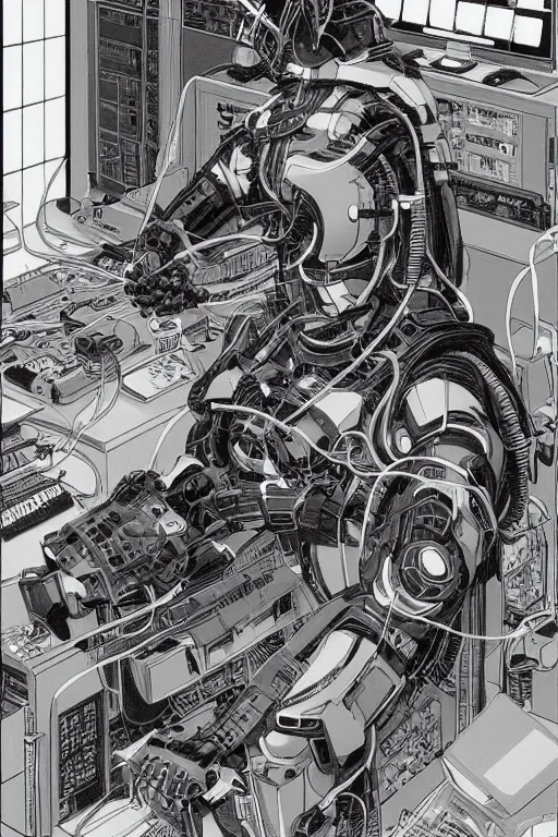 Prompt: beautiful hyperdetailed cyberpunk anime illustration of a feline robot lying in the lab with wires and cables coming out of his head and back, by moebius, masamune shirow and katsuhiro otomo