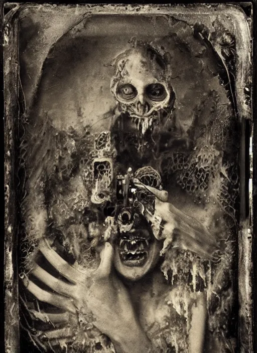 Image similar to old wetplate daguerreotype demons, devil, pain, anger, desolation, angel, divine, multiple faces, explosion of data fragments, fractal, intricate, elegant, highly detailed, parallax, leica, medium format, subsurface scattering, by jheronimus bosch and greg rutkowski and louis jacques mande daguerre