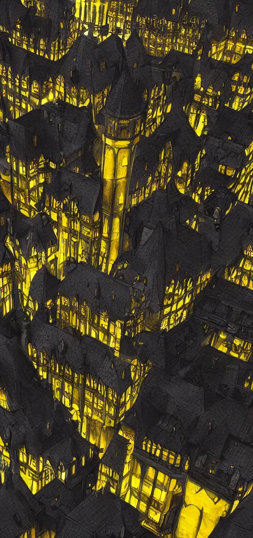 Image similar to A digital concept art painting of a black and yellow renacentis fantasy european ghotic castle with black brick in a city renacentis, 4K UHD image, unreal engine, Graphic Novel, Visual Novel