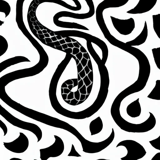 Image similar to detailed, black and white, a snake surrounded by lotus flowers and geometry