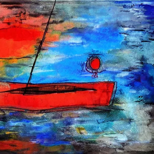 Prompt: a painting of a boat floating on a body of water, an abstract painting by ted degrazia, reddit contest winner, lyrical abstraction, mixed media, acrylic art, oil on canvas