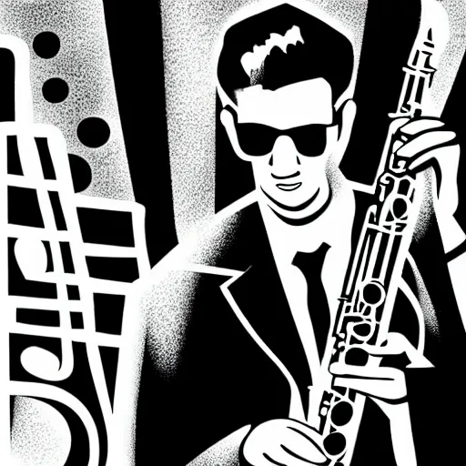 Prompt: a jazz club, saxophone player playing a solo, wearing sunglasses, bright lights, comic book style