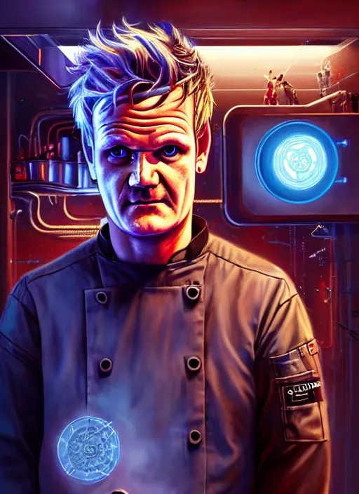 Image similar to cyberpunk gordon ramsey as the most talented chef in the universe, scifi kitchen background, diffuse lighting, fantasy, intricate, highly detailed, lifelike, photorealistic, digital painting, artstation, illustration, concept art, smooth, sharp focus, art by john collier and albert aublet and krenz cushart